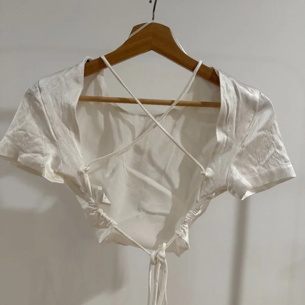 Zara White Satin Crop Top Tie Back Short Sleeve Size M EU 38 - Picture 4 of 7